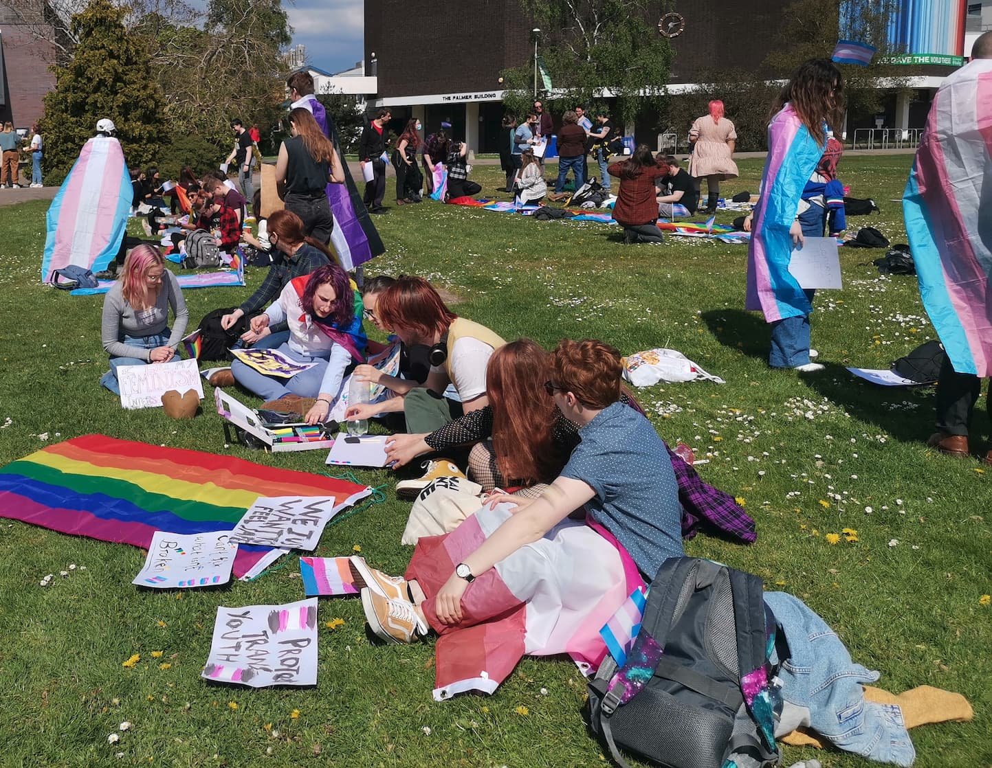 A photo of the gathered protesters